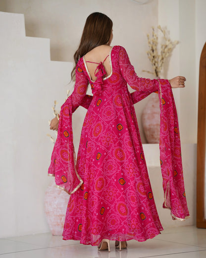 Festive Wear Rani Pink Color Pure Soft Lightweight Chiffon Bandhej Fabric Designer Gown