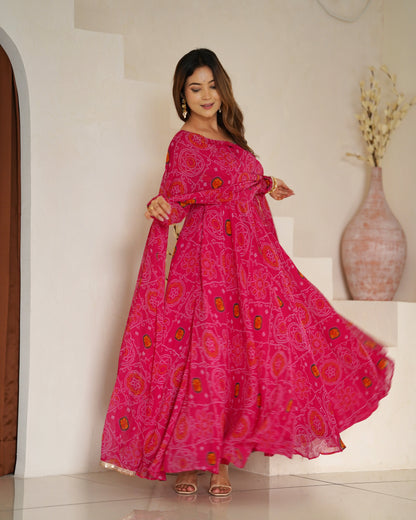Festive Wear Rani Pink Color Pure Soft Lightweight Chiffon Bandhej Fabric Designer Gown