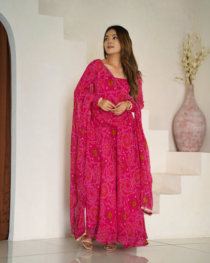 Festive Wear Rani Pink Color Pure Soft Lightweight Chiffon Bandhej Fabric Designer Gown