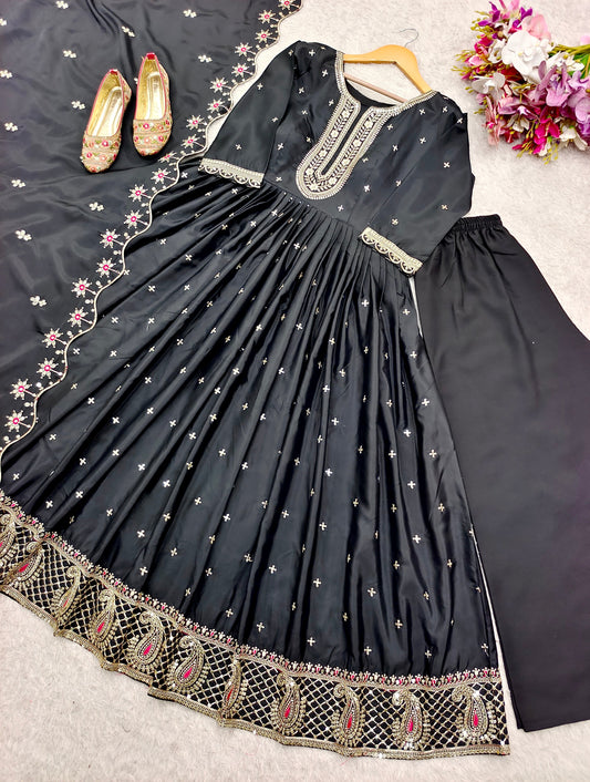Party Wear Black Color Pure Natural Crep With Heavy Embroidery Sequence Work Designer Gown