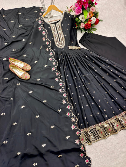 Party Wear Black Color Pure Natural Crep With Heavy Embroidery Sequence Work Designer Gown
