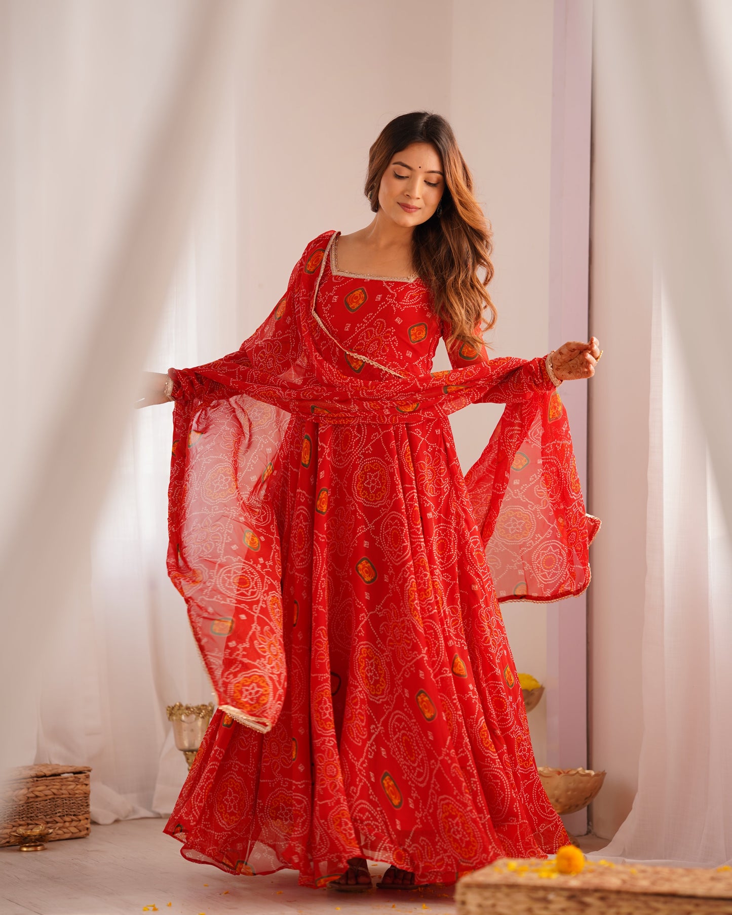 Festive Wear Red Color Pure Soft Lightweight Chiffon Bandhej Fabric Designer Gown