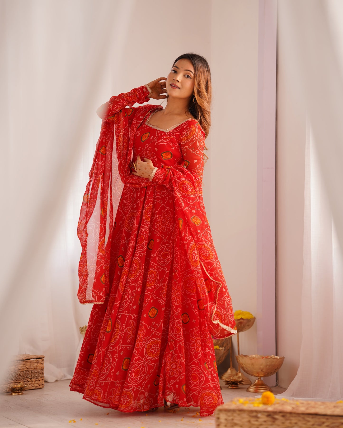 Festive Wear Red Color Pure Soft Lightweight Chiffon Bandhej Fabric Designer Gown