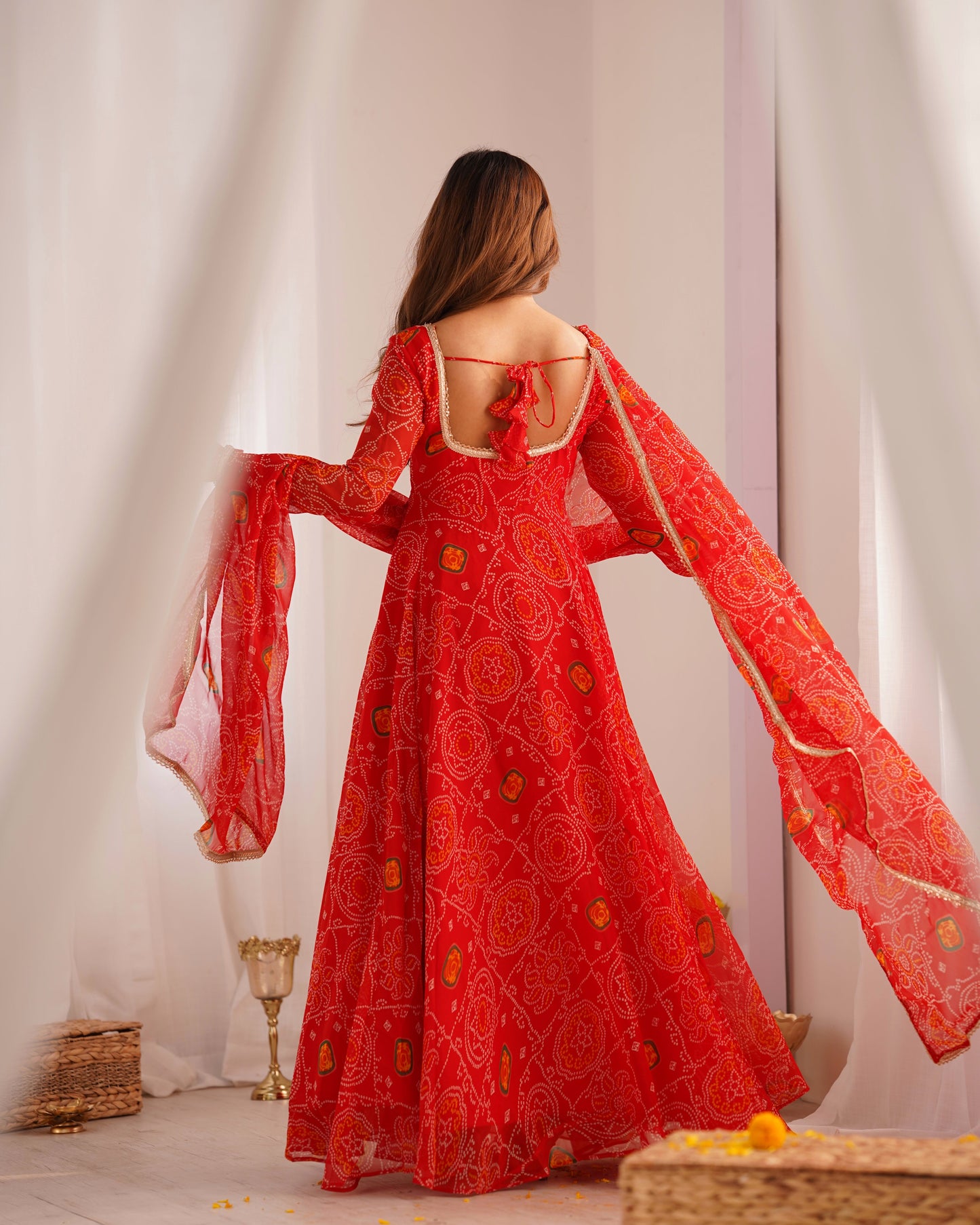 Festive Wear Red Color Pure Soft Lightweight Chiffon Bandhej Fabric Designer Gown