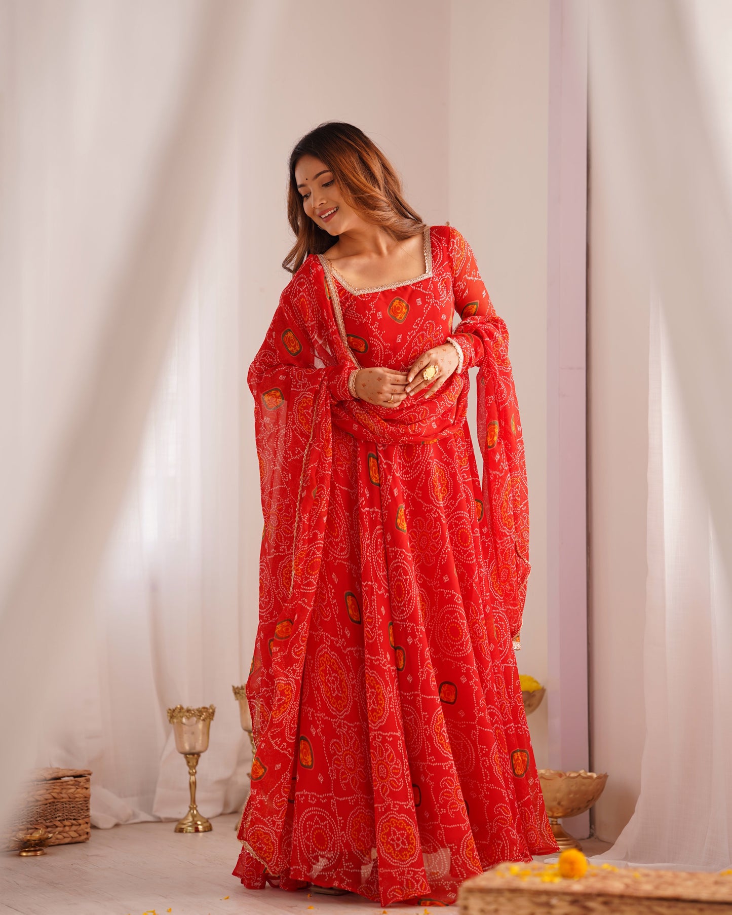 Festive Wear Red Color Pure Soft Lightweight Chiffon Bandhej Fabric Designer Gown