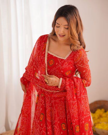 Festive Wear Red Color Pure Soft Lightweight Chiffon Bandhej Fabric Designer Gown