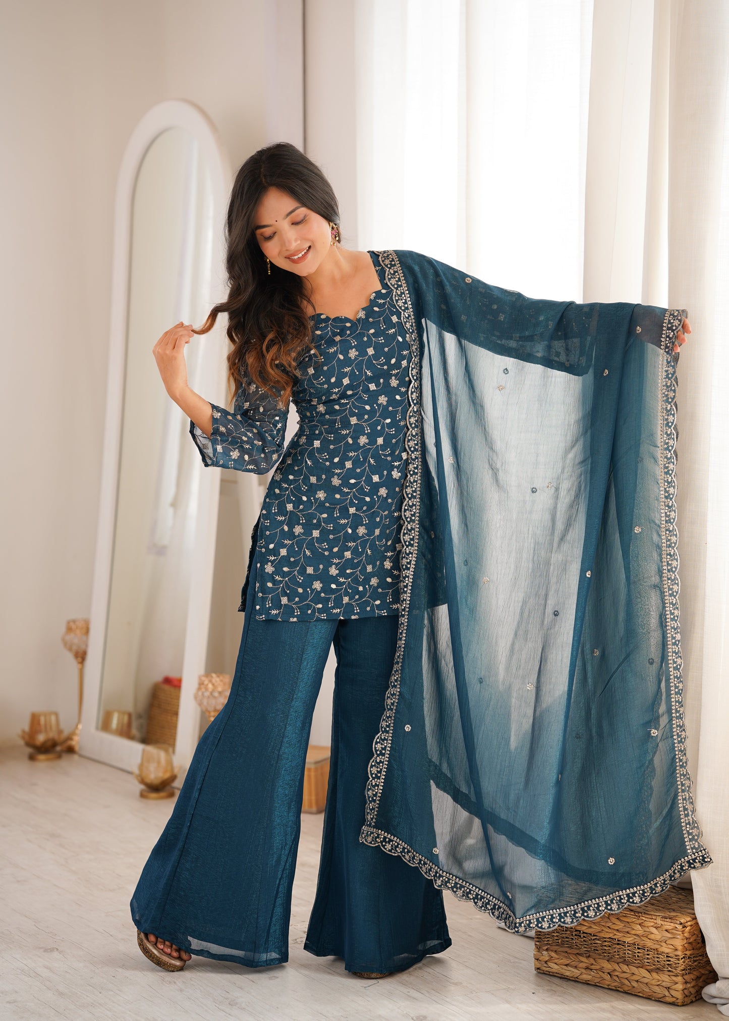 Arti Chauhan Wear Teal Color Crunchy Silk Palazzo Suit