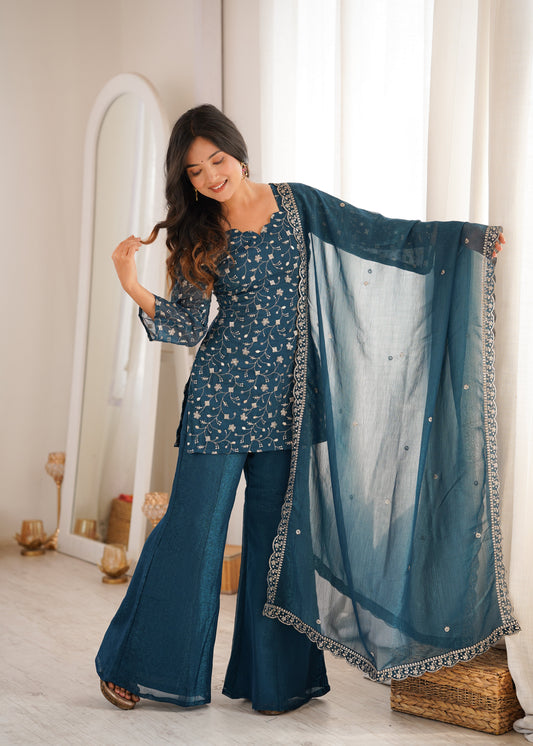 Arti Chauhan Wear Teal Color Crunchy Silk Palazzo Suit