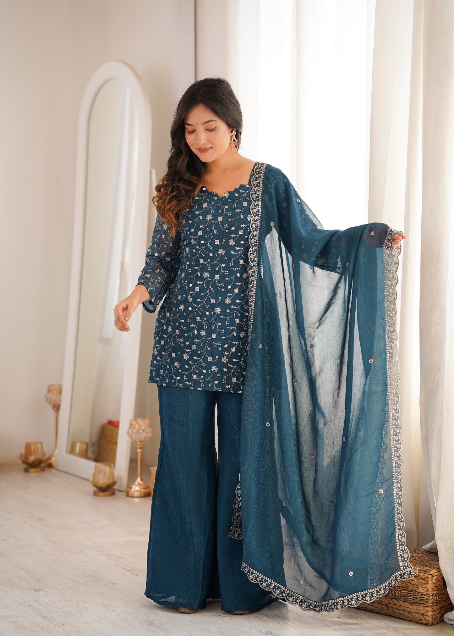 Arti Chauhan Wear Teal Color Crunchy Silk Palazzo Suit