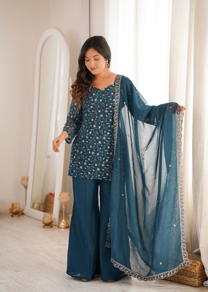 Arti Chauhan Wear Teal Color Crunchy Silk Palazzo Suit