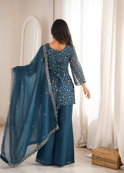 Arti Chauhan Wear Teal Color Crunchy Silk Palazzo Suit