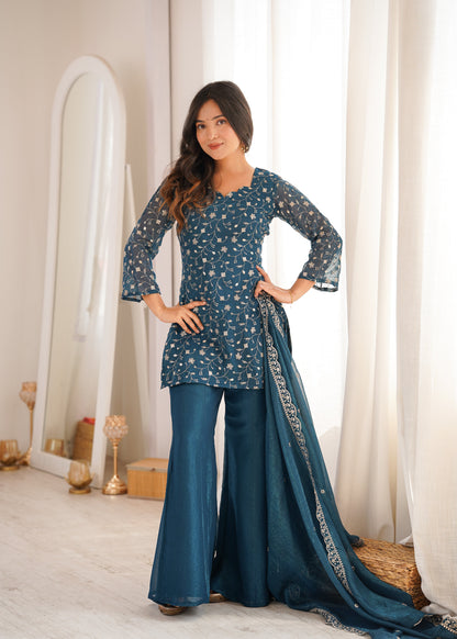 Arti Chauhan Wear Teal Color Crunchy Silk Palazzo Suit