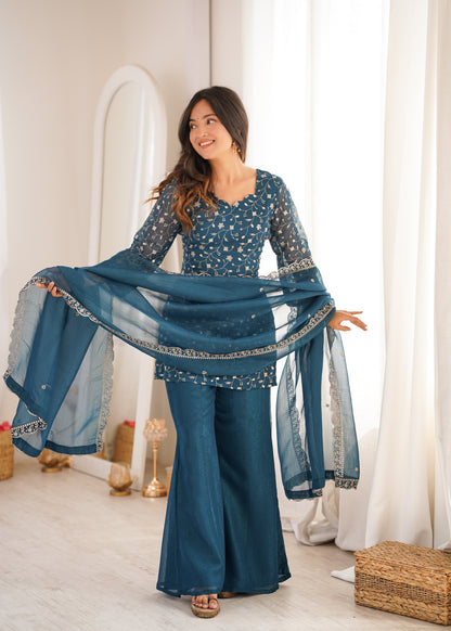 Arti Chauhan Wear Teal Color Crunchy Silk Palazzo Suit