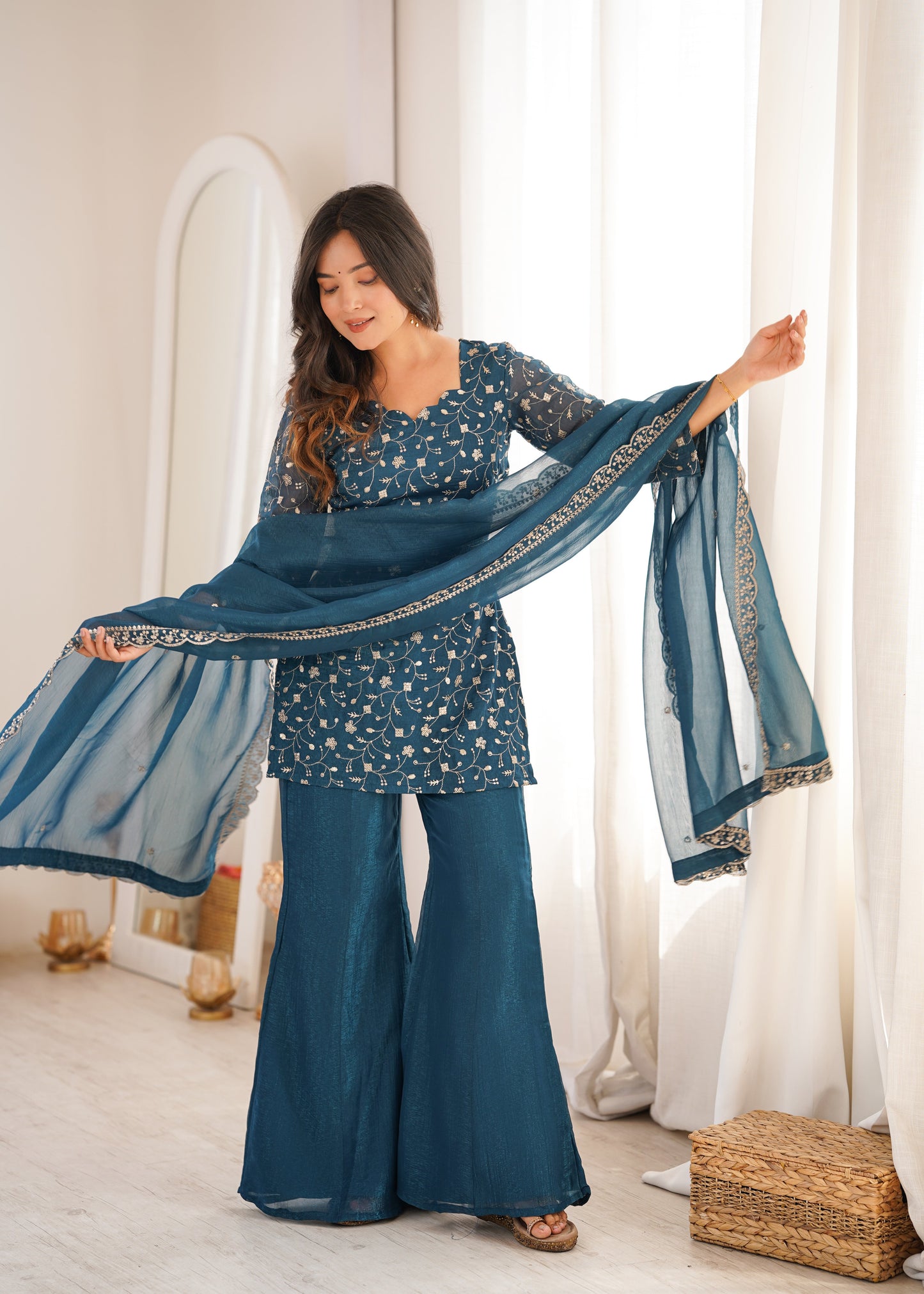 Arti Chauhan Wear Teal Color Crunchy Silk Palazzo Suit