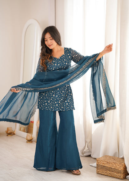 Arti Chauhan Wear Teal Color Crunchy Silk Palazzo Suit