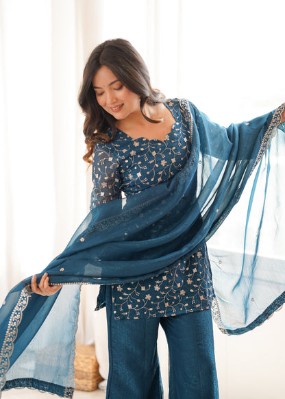 Arti Chauhan Wear Teal Color Crunchy Silk Palazzo Suit