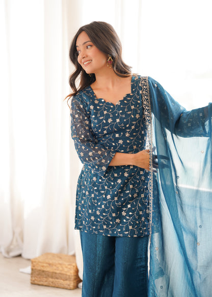 Arti Chauhan Wear Teal Color Crunchy Silk Palazzo Suit