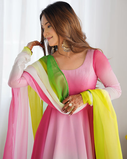 Party Wear Peach And Pink Color Heavy Pure Soft Faux Georgette Designer Anarkali Gown