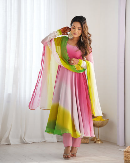 Party Wear Peach And Pink Color Heavy Pure Soft Faux Georgette Designer Anarkali Gown