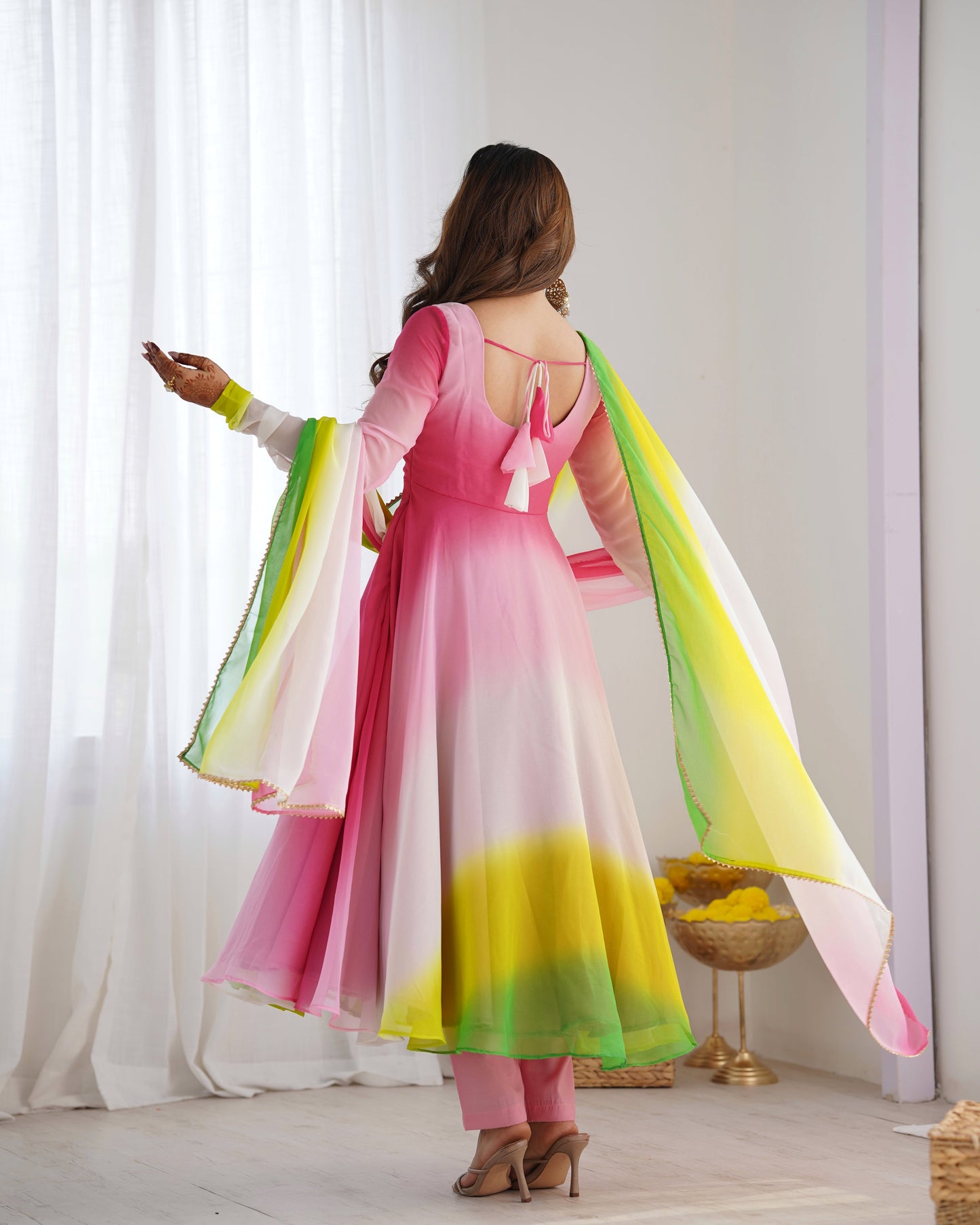 Party Wear Peach And Pink Color Heavy Pure Soft Faux Georgette Designer Anarkali Gown