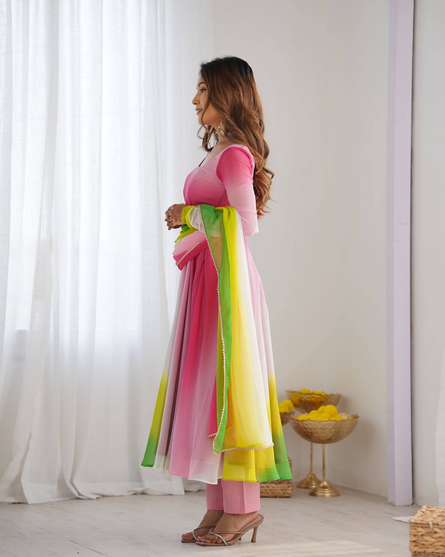 Party Wear Peach And Pink Color Heavy Pure Soft Faux Georgette Designer Anarkali Gown