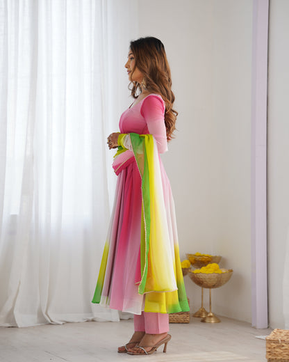 Party Wear Peach And Pink Color Heavy Pure Soft Faux Georgette Designer Anarkali Gown