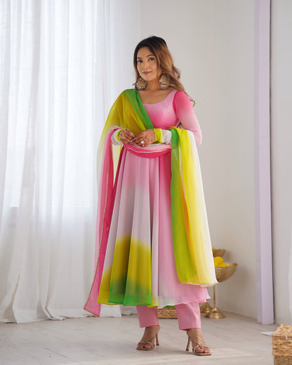 Party Wear Peach And Pink Color Heavy Pure Soft Faux Georgette Designer Anarkali Gown