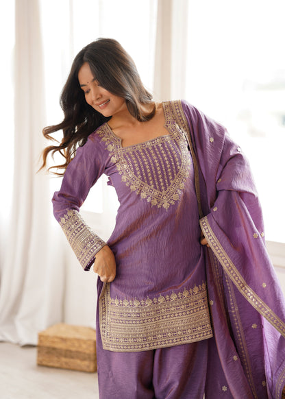 Designer Purple Color Vichtra Silk Farshi Arti Chauhan Salwar Suit