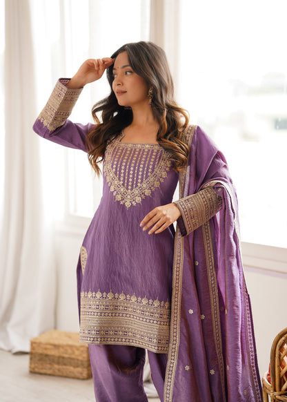 Designer Purple Color Vichtra Silk Farshi Arti Chauhan Salwar Suit