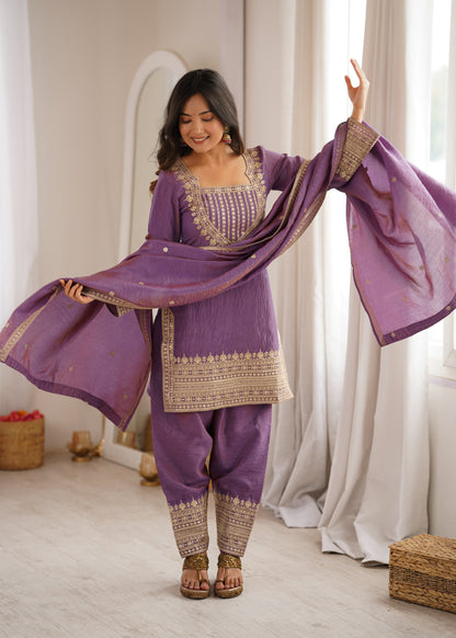 Designer Purple Color Vichtra Silk Farshi Arti Chauhan Salwar Suit