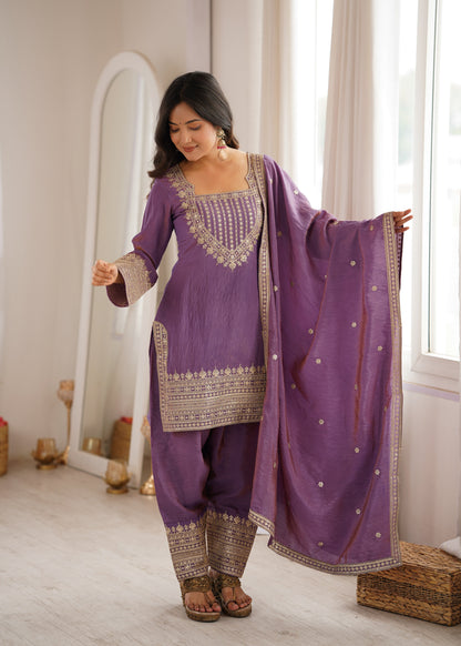 Designer Purple Color Vichtra Silk Farshi Arti Chauhan Salwar Suit