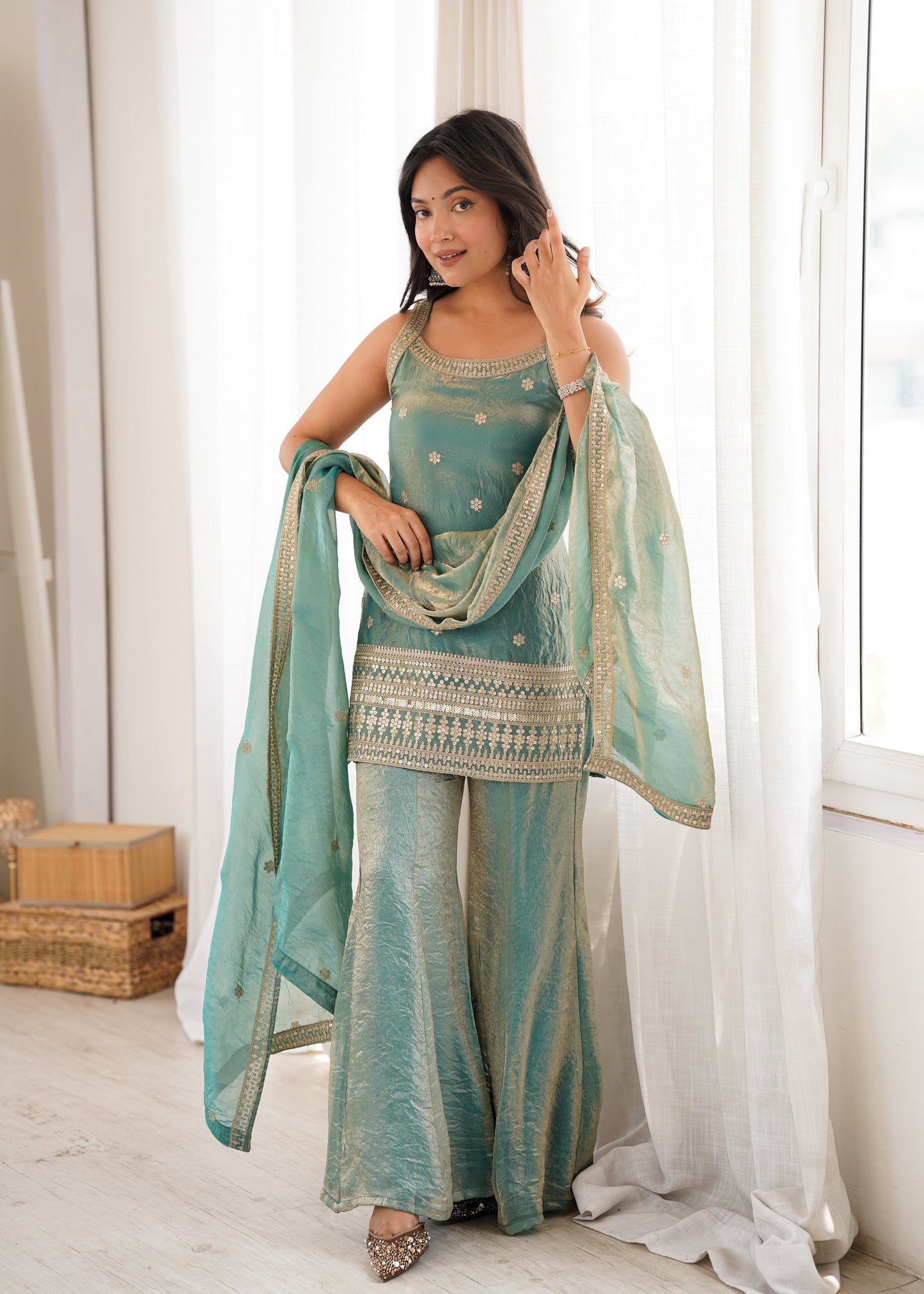 Arti Chauhan Wear Sea Green Color Designer Frendy Silk Bell Bottom Suit Set