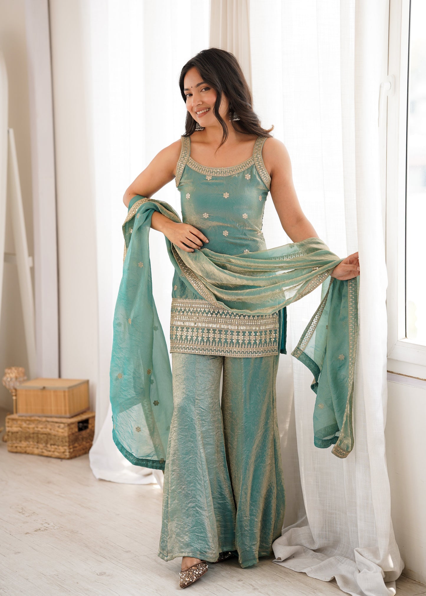 Arti Chauhan Wear Sea Green Color Designer Frendy Silk Bell Bottom Suit Set