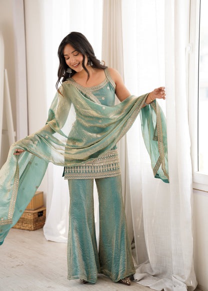 Arti Chauhan Wear Sea Green Color Designer Frendy Silk Bell Bottom Suit Set