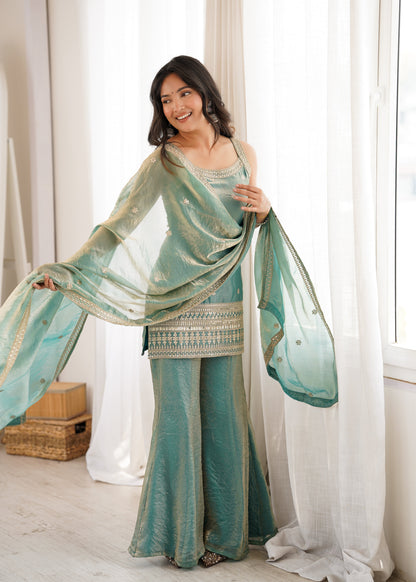 Arti Chauhan Wear Sea Green Color Designer Frendy Silk Bell Bottom Suit Set