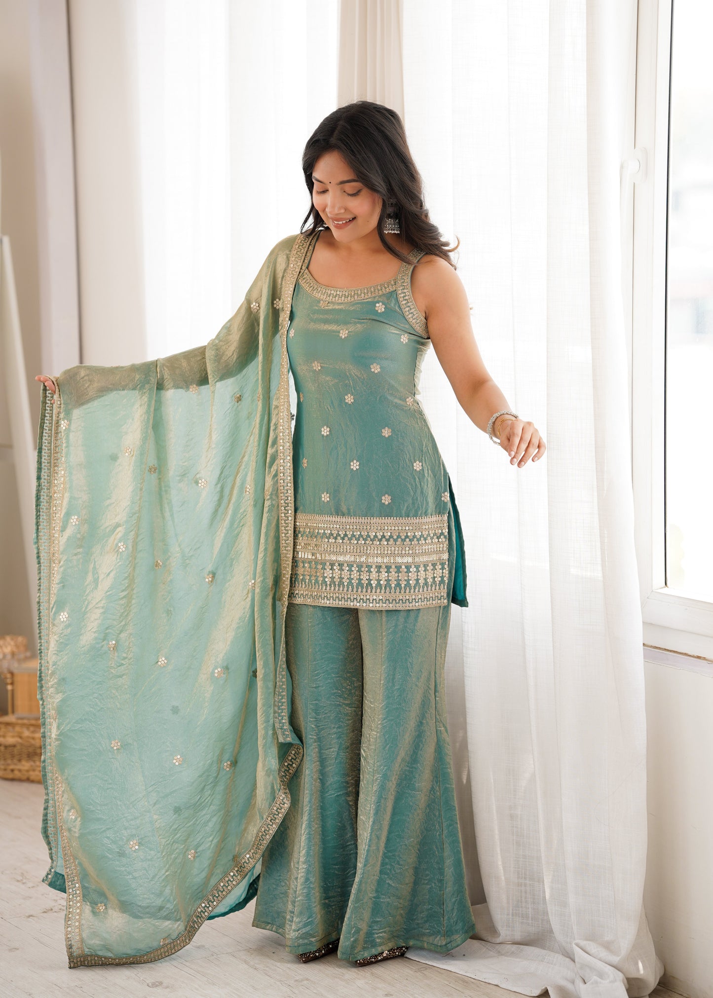 Arti Chauhan Wear Sea Green Color Designer Frendy Silk Bell Bottom Suit Set