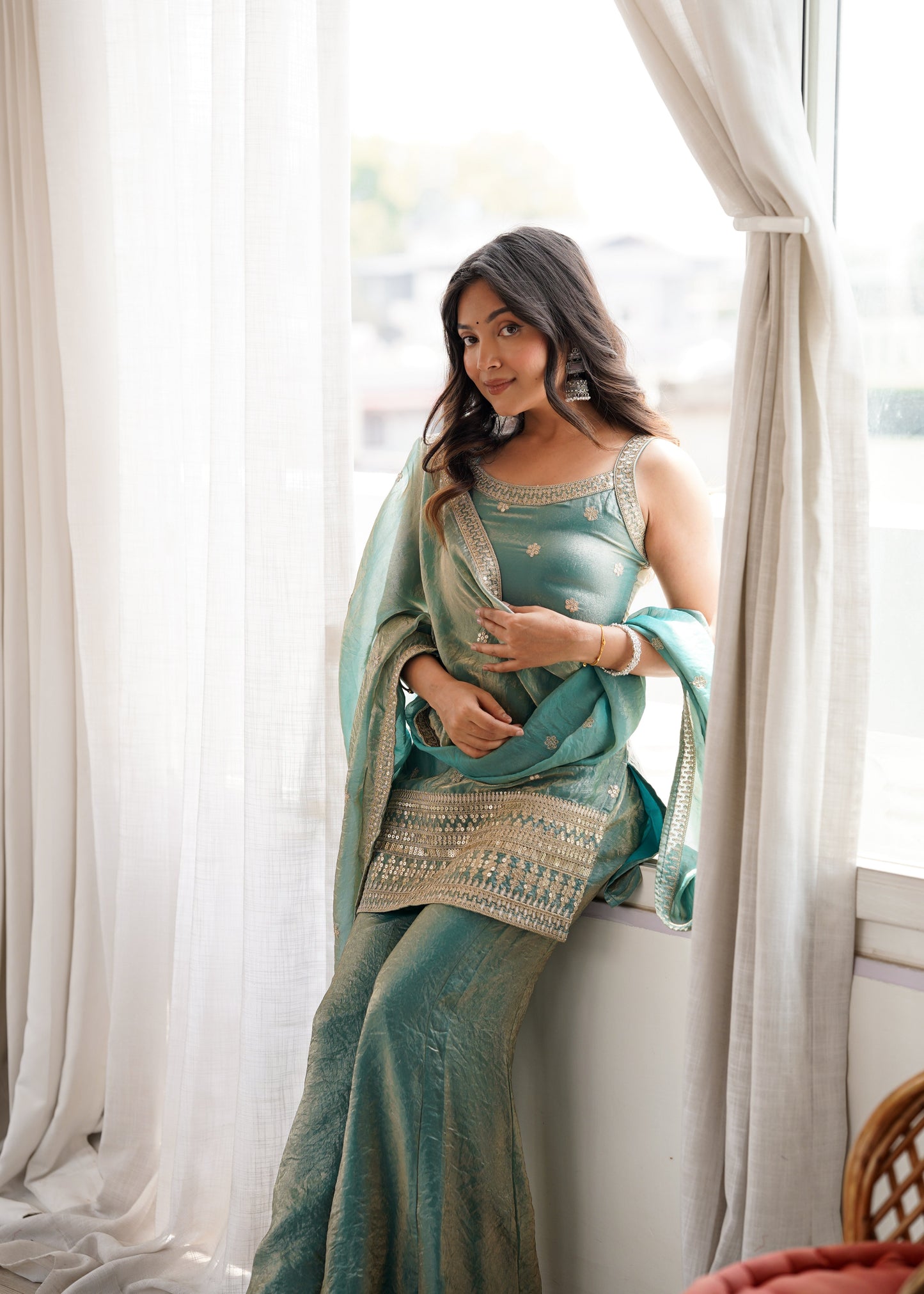 Arti Chauhan Wear Sea Green Color Designer Frendy Silk Bell Bottom Suit Set