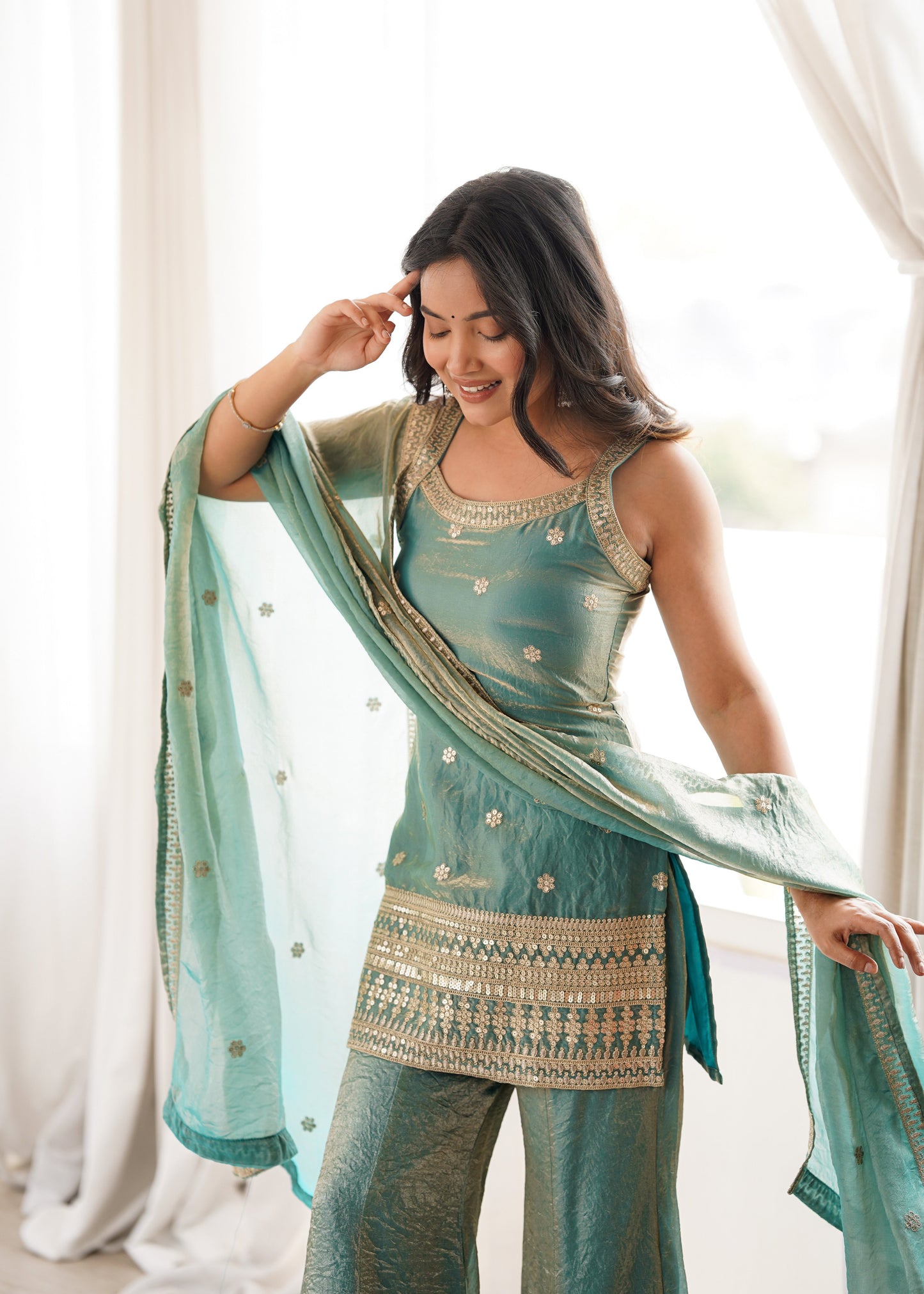 Arti Chauhan Wear Sea Green Color Designer Frendy Silk Bell Bottom Suit Set