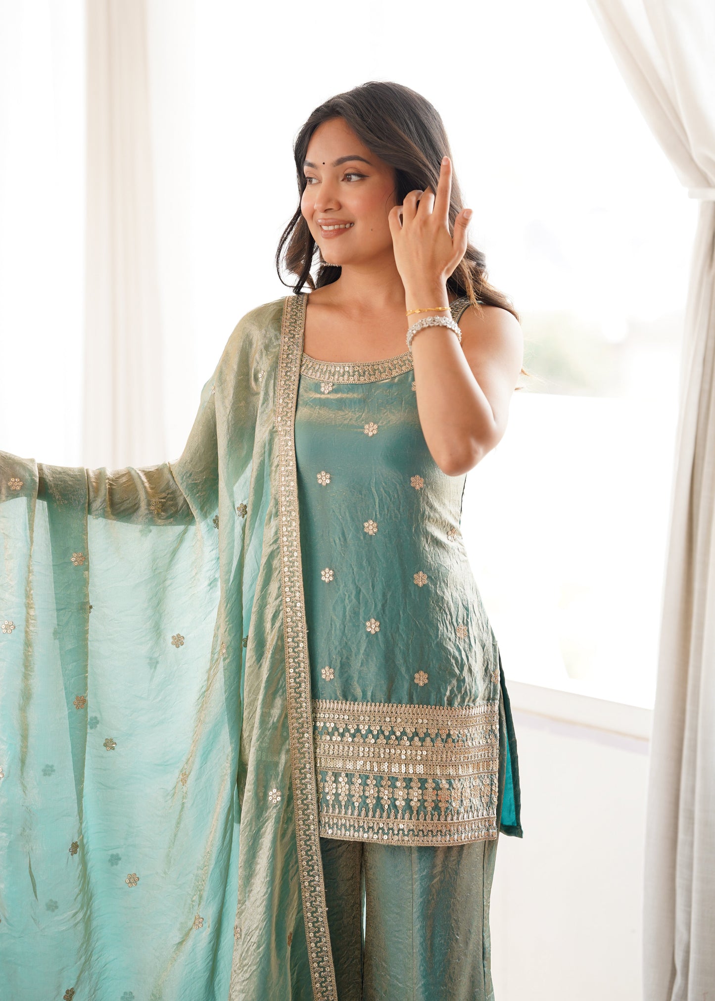 Arti Chauhan Wear Sea Green Color Designer Frendy Silk Bell Bottom Suit Set