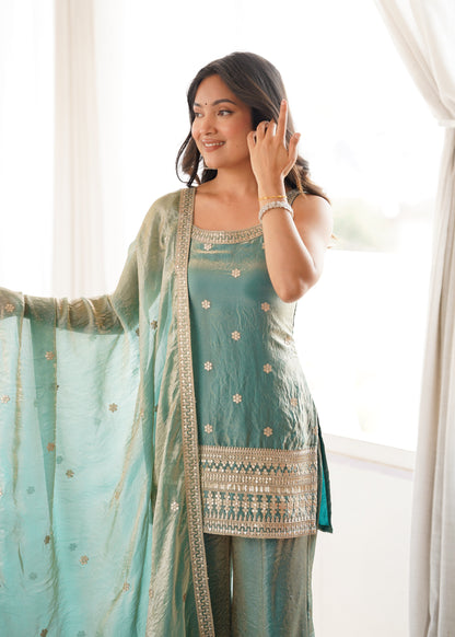 Arti Chauhan Wear Sea Green Color Designer Frendy Silk Bell Bottom Suit Set