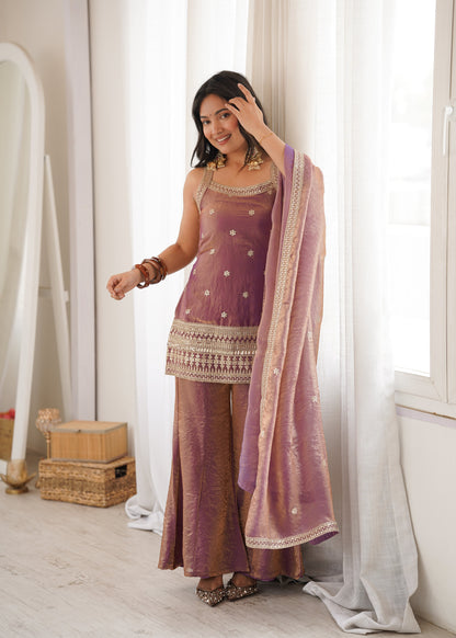 Arti Chauhan Wear Dusty Peach Color Designer Frendy Silk Bell Bottom Suit Set