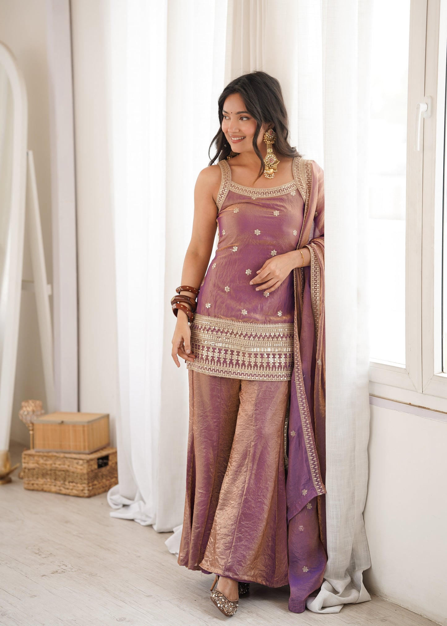 Arti Chauhan Wear Dusty Peach Color Designer Frendy Silk Bell Bottom Suit Set