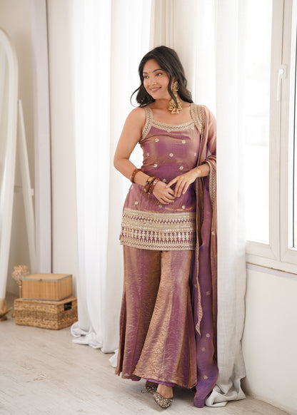 Arti Chauhan Wear Dusty Peach Color Designer Frendy Silk Bell Bottom Suit Set