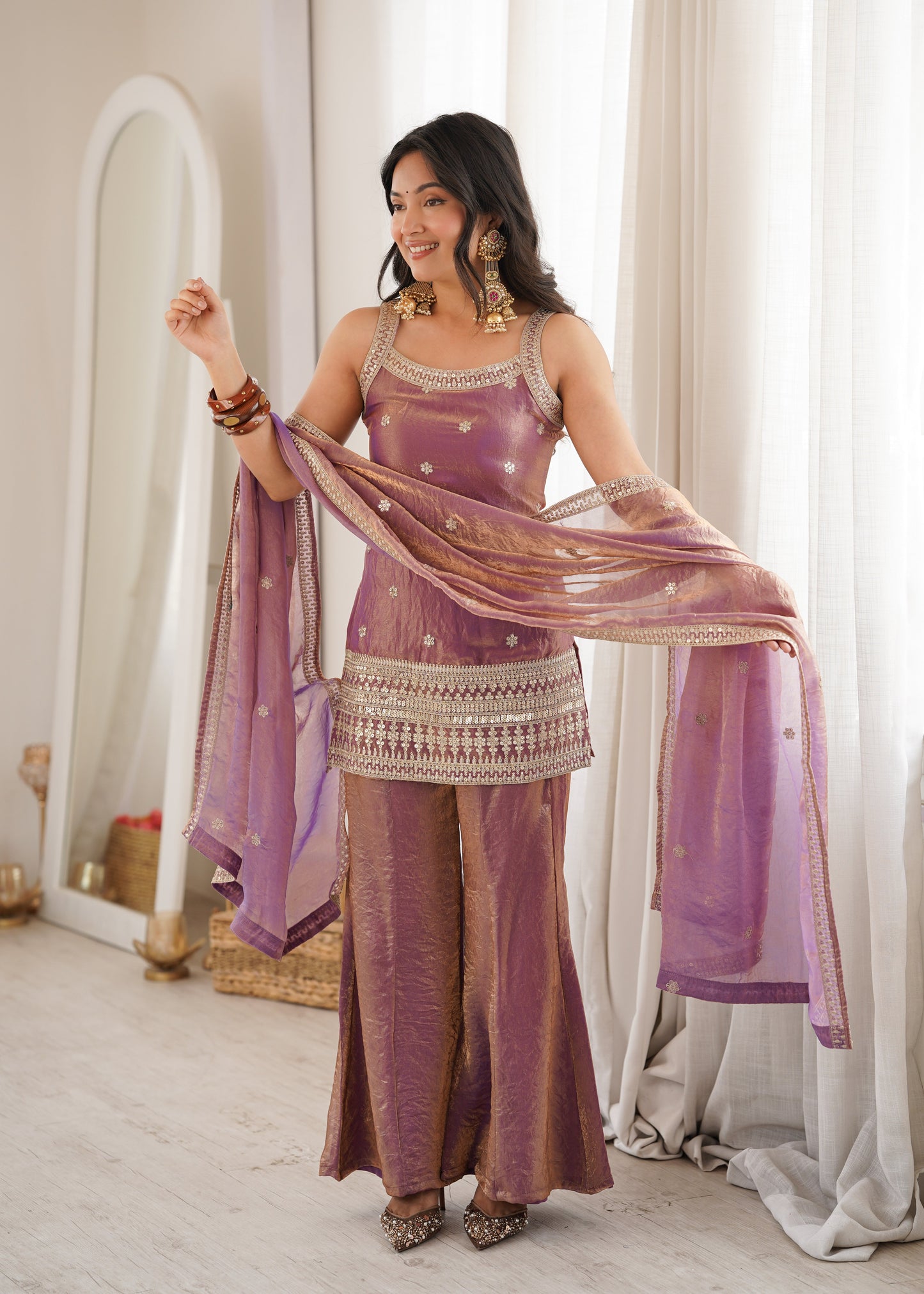 Arti Chauhan Wear Dusty Peach Color Designer Frendy Silk Bell Bottom Suit Set