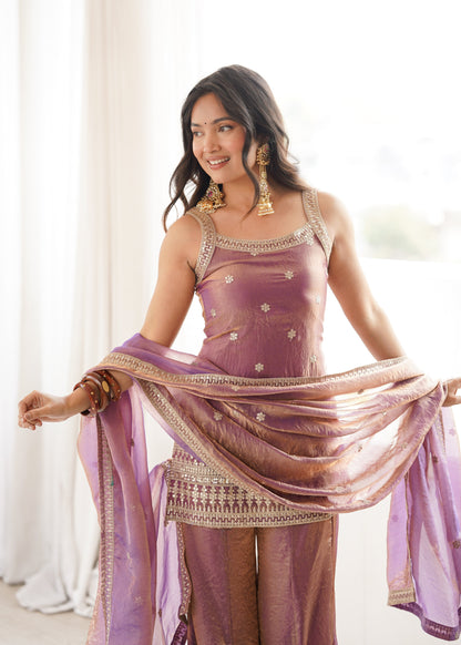 Arti Chauhan Wear Dusty Peach Color Designer Frendy Silk Bell Bottom Suit Set