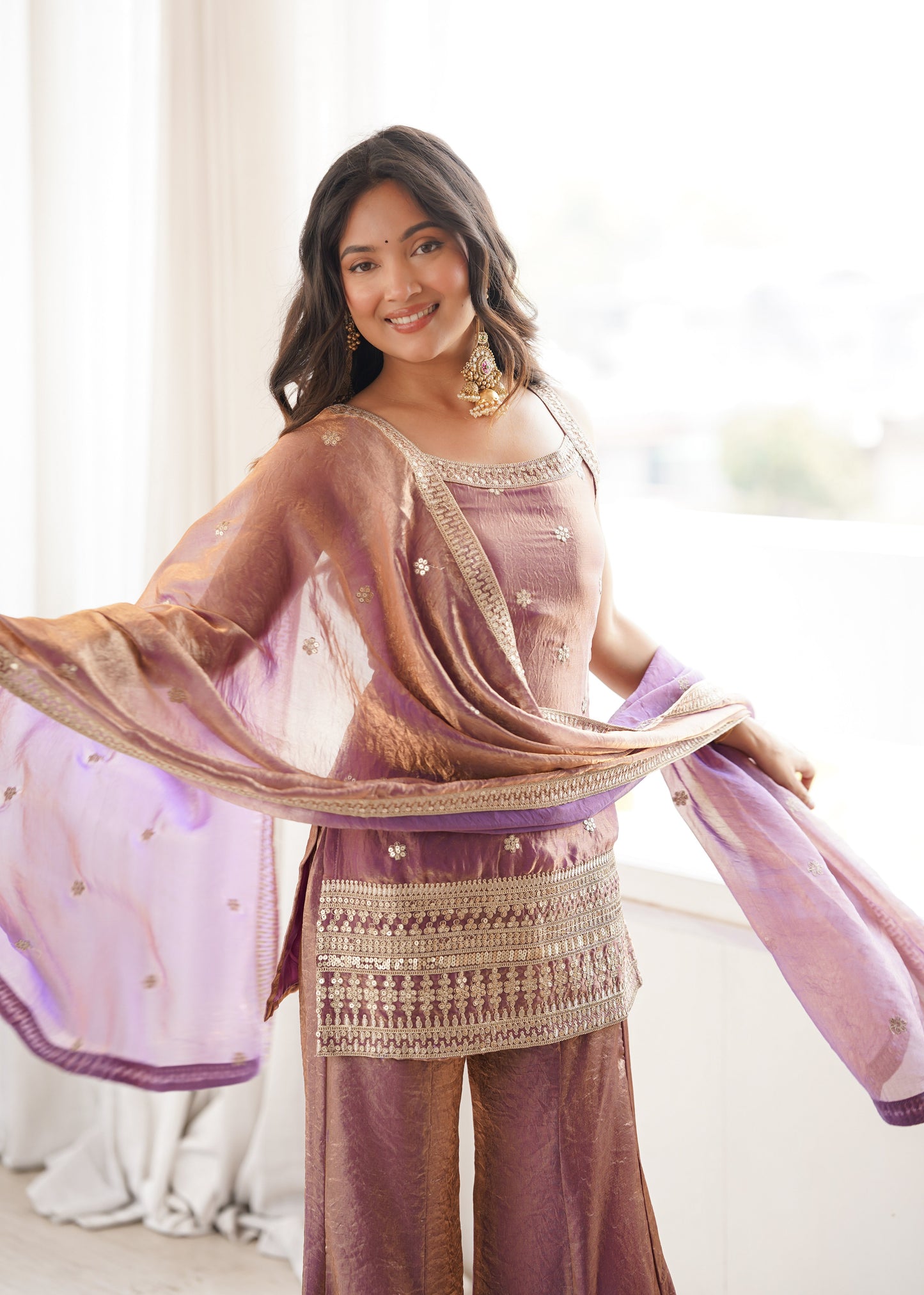 Arti Chauhan Wear Dusty Peach Color Designer Frendy Silk Bell Bottom Suit Set