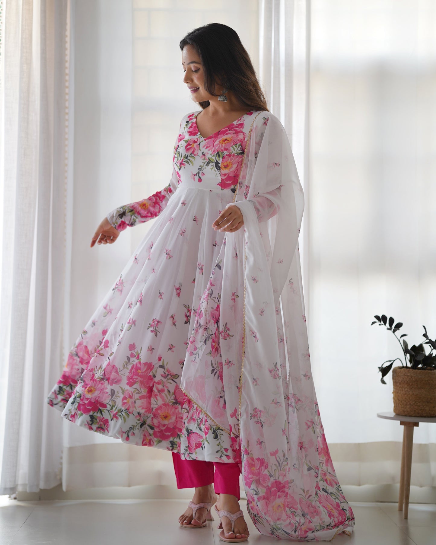 Floral Print White Color Organza Anarkali Suit