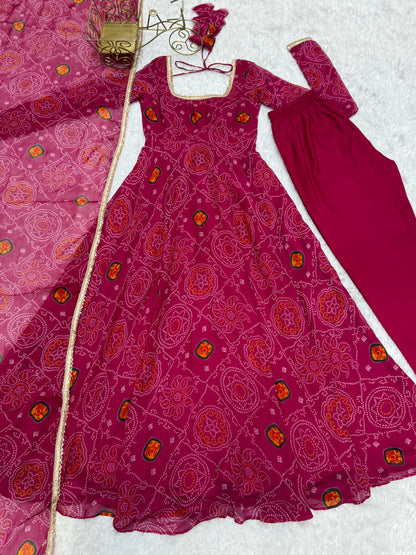 Festive Wear Rani Pink Color Pure Soft Lightweight Chiffon Bandhej Fabric Designer Gown