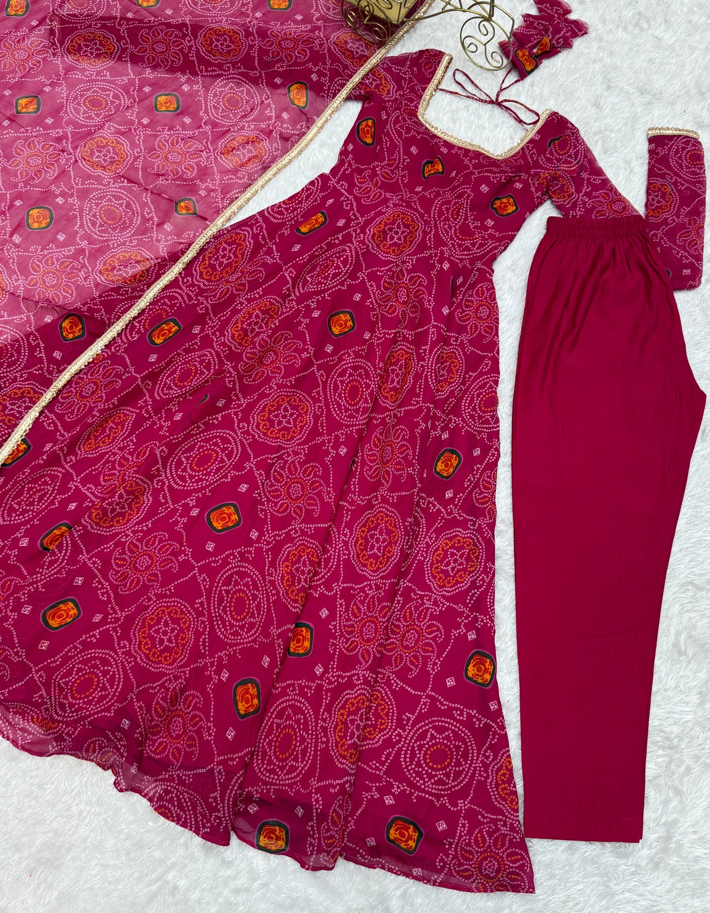Festive Wear Rani Pink Color Pure Soft Lightweight Chiffon Bandhej Fabric Designer Gown
