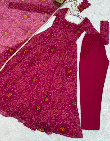 Festive Wear Rani Pink Color Pure Soft Lightweight Chiffon Bandhej Fabric Designer Gown
